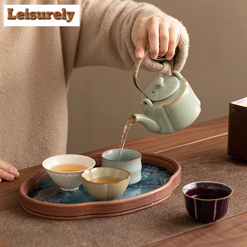 Five Famous Kilns Lifting Beam Pot Travel Tea Set Kit Aesthetic 1 Pot 4 Cups Tea Maker Organizer Portable Camping Handbag Cafes