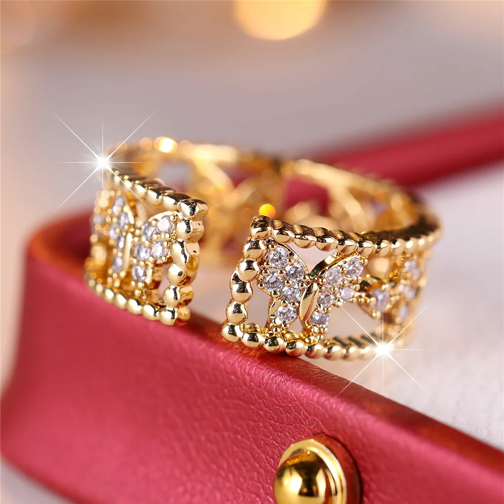 Cute Female Small Butterfly Zircon Stone Adjustable Ring Yellow Gold Color Open Wedding Jewelry For Women