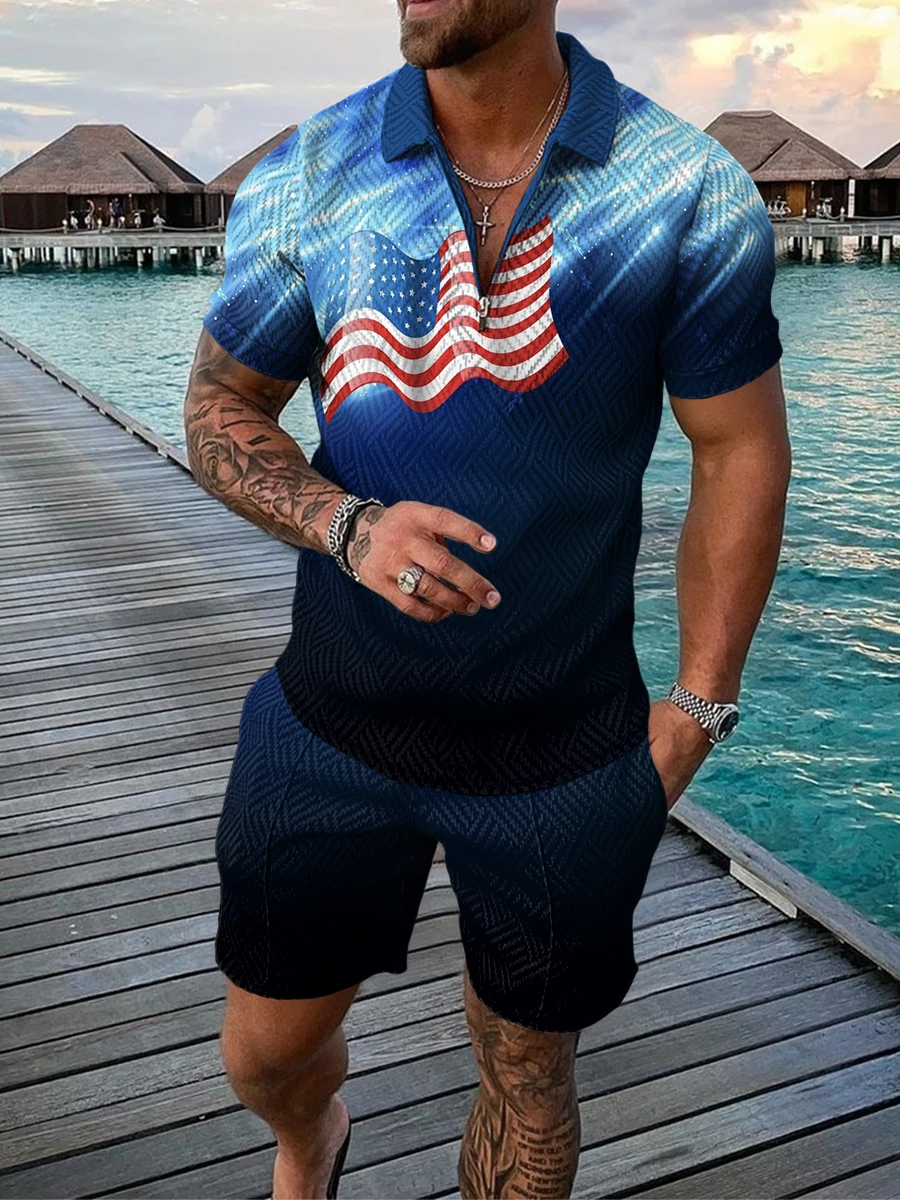 Men's Tracksuit 3D Print Polo Sets Male 2022 New Summer American Flag Harajuku Short Sleeve Zipper Polo Shirt+Shorts Set for Men