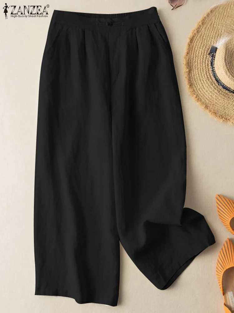 

ZANZEA Summer Vintage Long Trousers Solid Pure Cotton Pants Women Fashion Casual Wide Leg Pant Female High Waist Pantalon 2023
