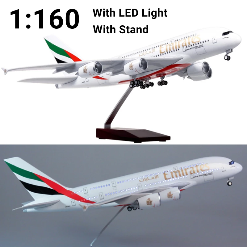 

45CM Airplane Model Emirates Airlines Airbus A380 Aircraft Diecast Resin Plane Model Toys Collectible Display with LED Light