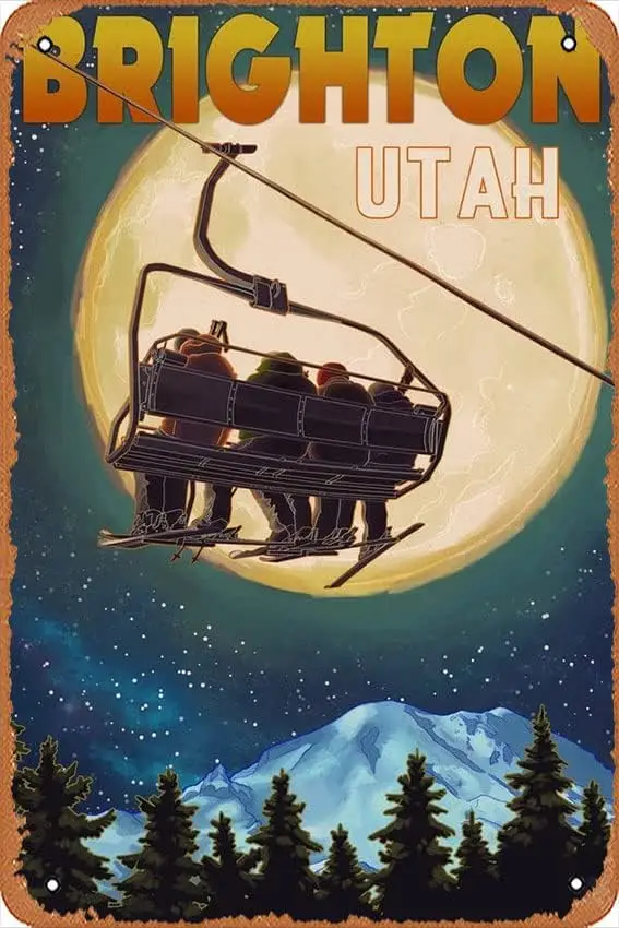 Жестяной знак, винтажный Брайтон, Юта, горнолыжный подъемник и полная луна, бар-клуб, семейная ванная комната, туалет, кафе, забавное настенное украшение, подарок, металлический знак