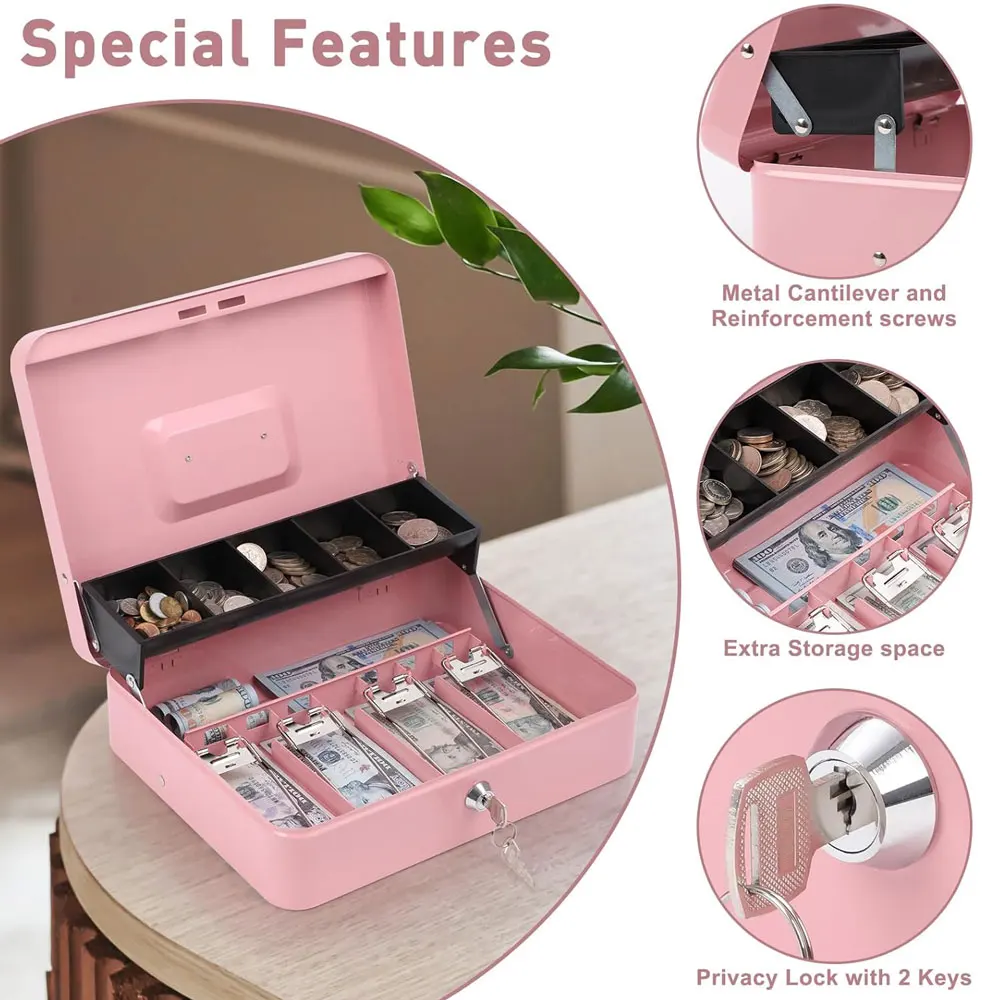 대용량 고강도 금속 현금함(1개) - 지폐 4칸, 동전 5칸, 계층형 현금함, 튼튼한 열쇠 보관함