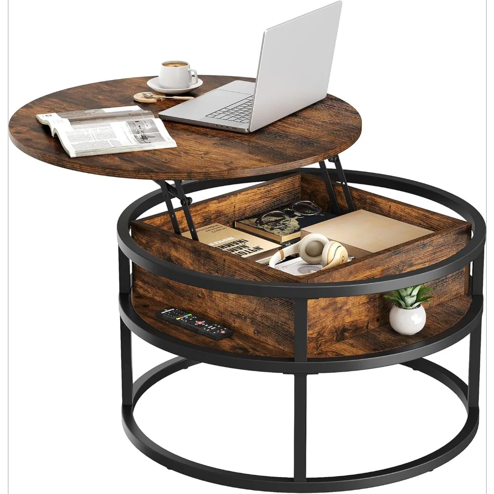 Round living room coffee table, Lift coffee table with storage, Wooden table with hidden storage compartment