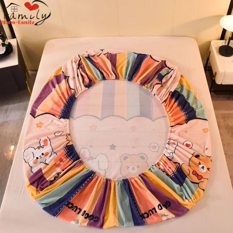 Winter Warm Thicken Flannel Elastic Fitted Sheet Mattress Protector Cover Cartoon Print Plush Soft Cozy Bed Sheet Home Decor 5