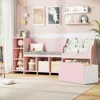 67" Kids Reading Nook with Bench, Kids Bookshelf and Bookcase with Seat Cushion and 6 Storage Cubbies, Toy Storage Box on Wheels 1