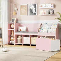 67" Kids Reading Nook with Bench, Kids Bookshelf and Bookcase with Seat Cushion and 6 Storage Cubbies, Toy Storage Box on Wheels 1