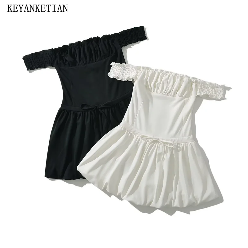 

KEYANKETIAN 2024 New Launch Women's Slash neck Slim-fit Mini Dress Hot sweet Sexy Waist Drawstring Lace Up Solid color Dresses