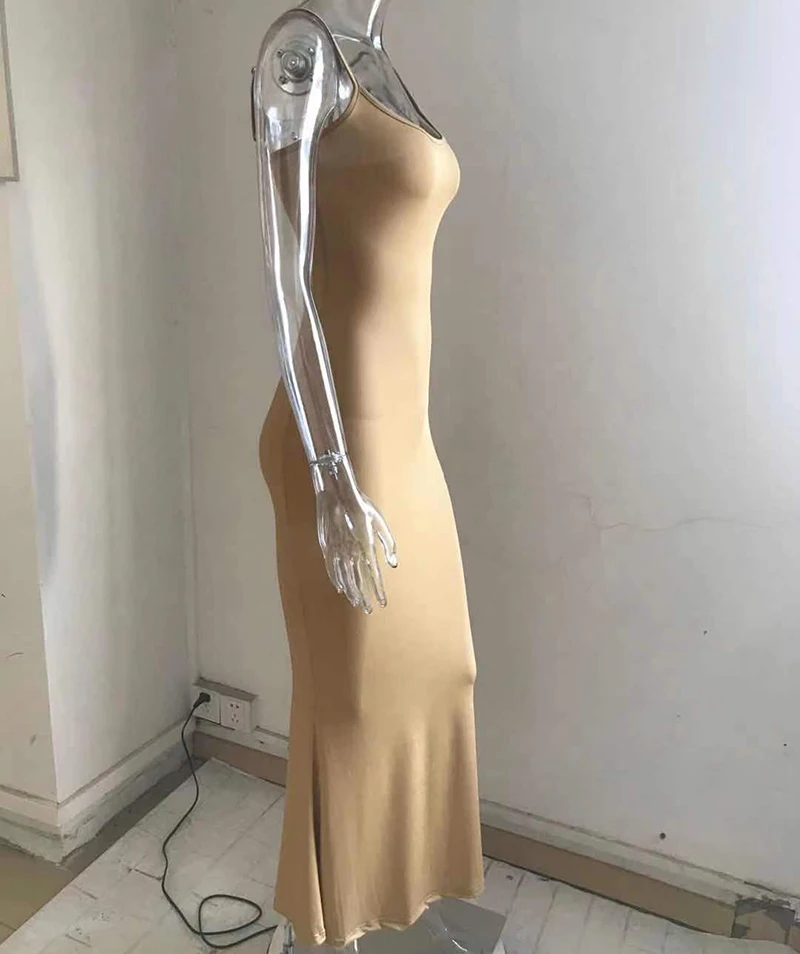 Vintage Women's Long Spaghetti Strap Tan Sexy Party Dress