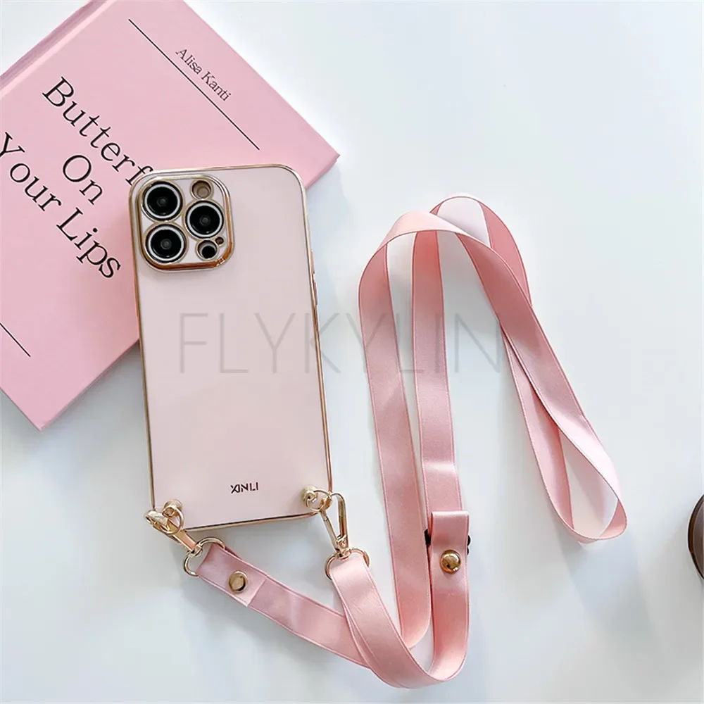 Luxury Plating Crossbody Lanyard Case with Strap Cord and Silicon Cover