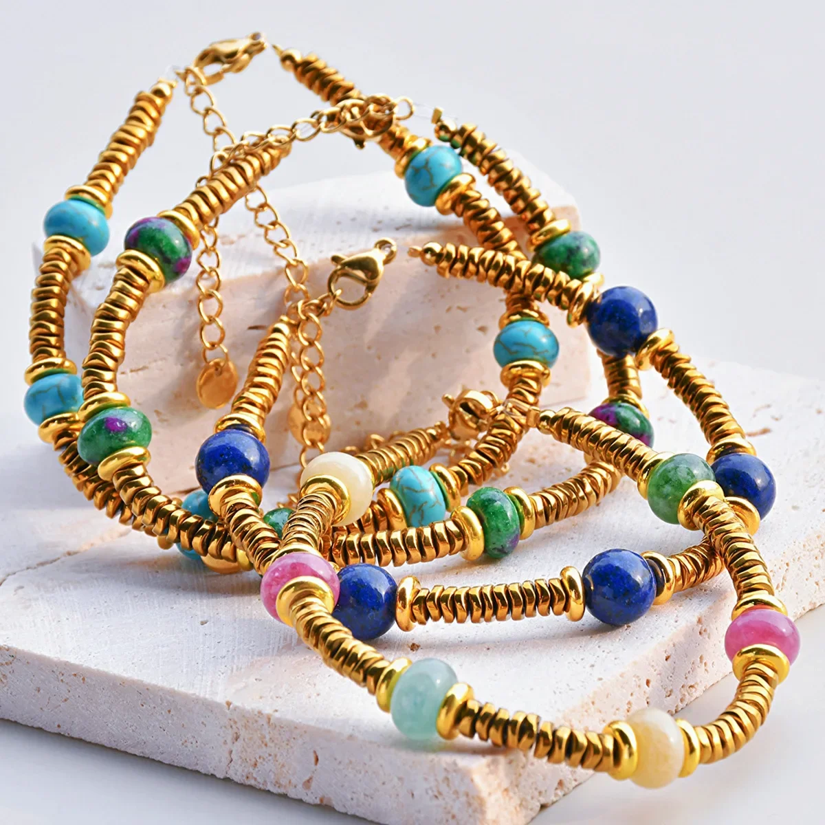 Multicolour Natural Stone Round Bead Handmade Beads Bracelet for Women Waterproof Glass Gold Color Bracelets Party Gift Jewelry
