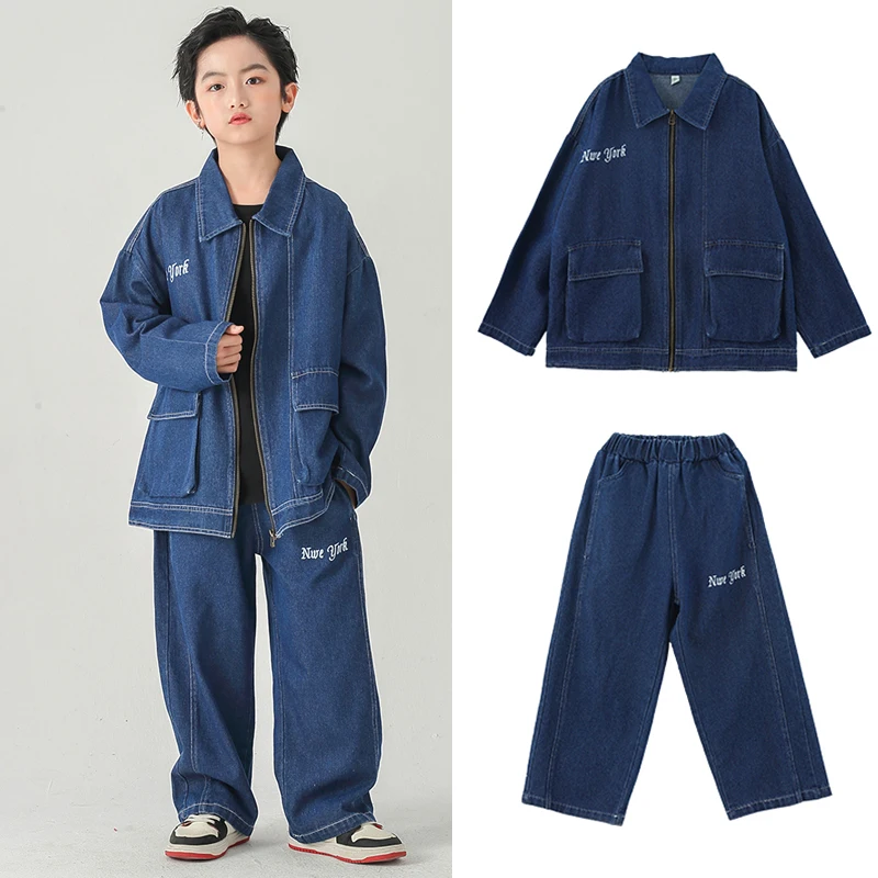

Street Dance Clothes Long Sleeves Denim Suit Girl Boy Hip Hop Dance Performance Clothing Kids Stage Jazz Costumes Outfits SL7458