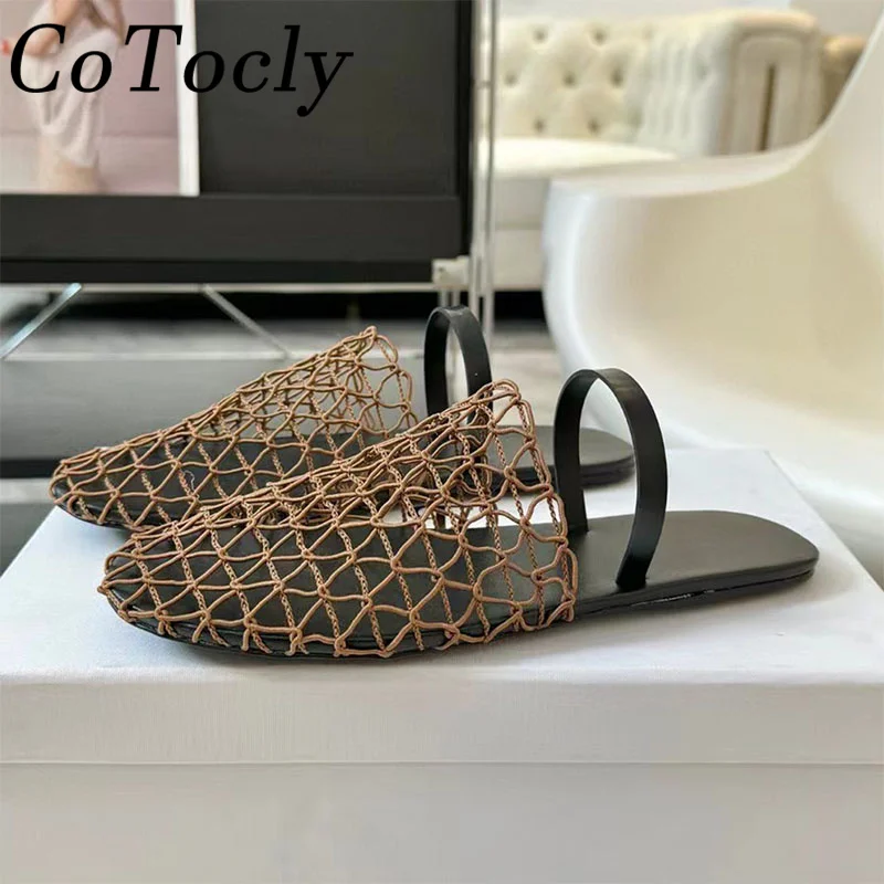 

Summer New Flat Slippers Women Braided Mesh Hollow Outs Mules Female Fashion Round Toe Slides Comfort Casual Half Slippers Woman