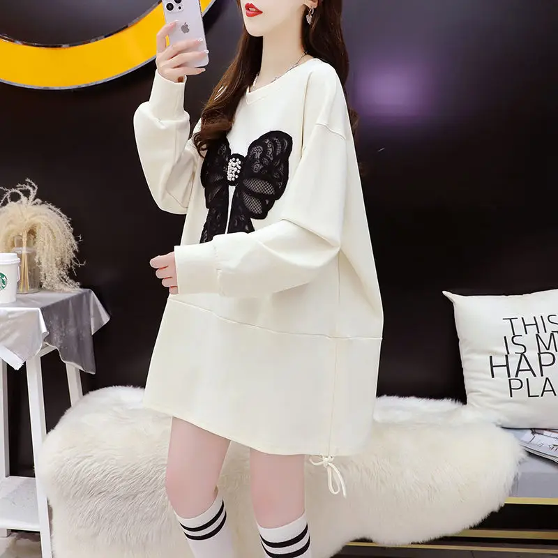 2023 New Women Loose Large Size Pullover Autumn Winter Korean Style Loose and Idle T-shirt Versatile Butterfly Long-Sleeved Top