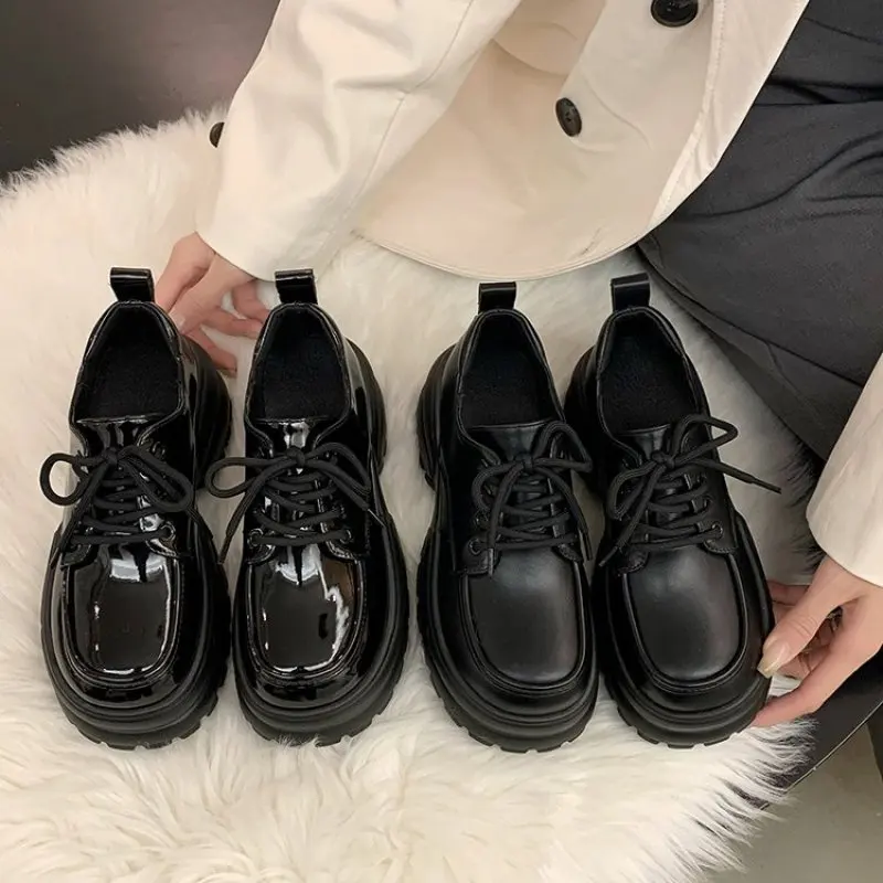 Ladies Fashion All-match Leather Shoe Summer Spring Classic Black Thick-soled Casual Women Shoe Retro College Style Shoe England
