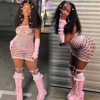 2024 New Mesh Hollow Out Women's Mini Dress Sexy Club Party Bodycon Fashion Evening Dresses Elegant Clothes Pink Luxury Dresses 1