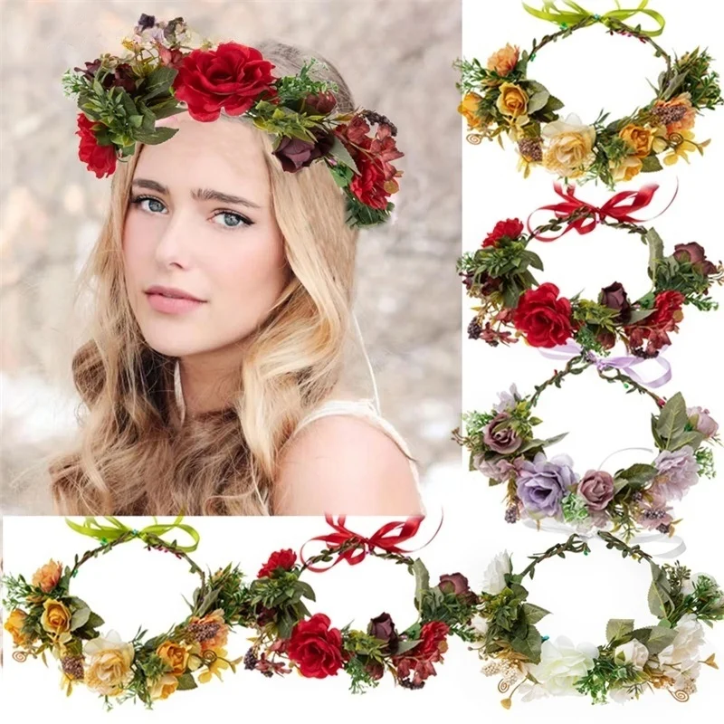 

Flower Headband Head Roses Garland Hair Band Crown Boho Fabric Wreath Photo Props Festival Wedding Hair Accessories