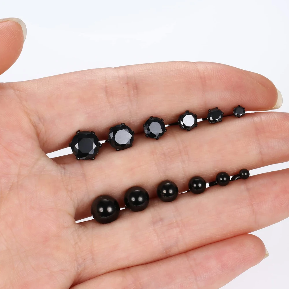 Stainless Steel Round Cubic Zirconia Ball Stud Earrings Set Punk Piercing Jewelry 3-8mm 1 Pair for Men Women