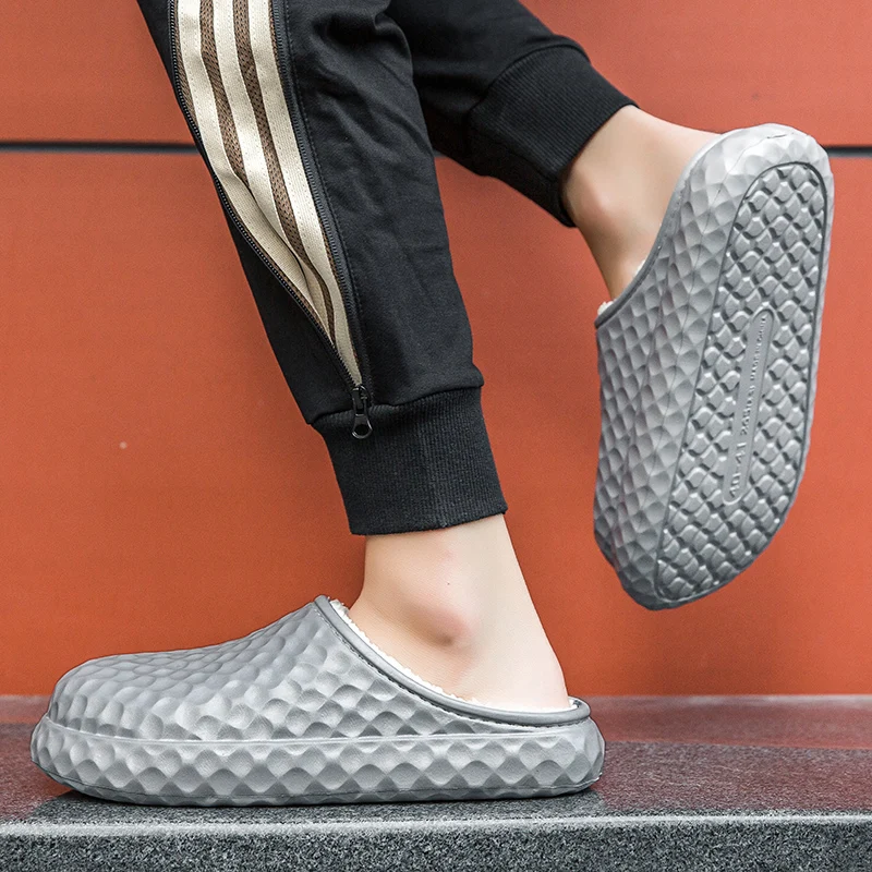 STRONGSHEN Waterproof Cotton Slippers Women Men Winter Outdoor Non Slip Warm Plush Fur Shoes Indoor EVA Home Couple Slides