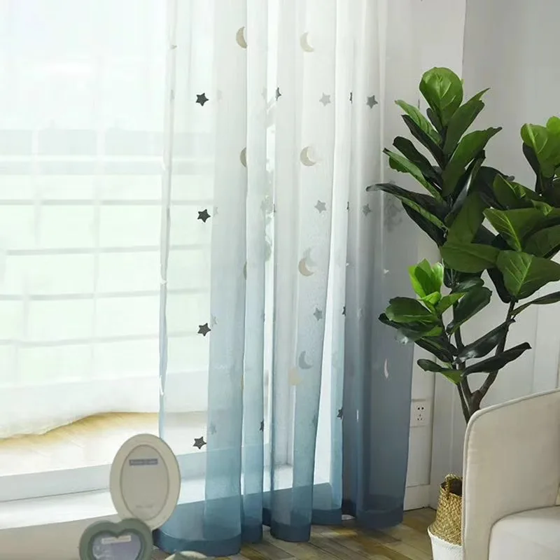 

Embroidery Star Moon Children's Cartoon Blue Gradient Cute Stars Gauze for Baby's Room Curtains for Living Dining Room Bedroom