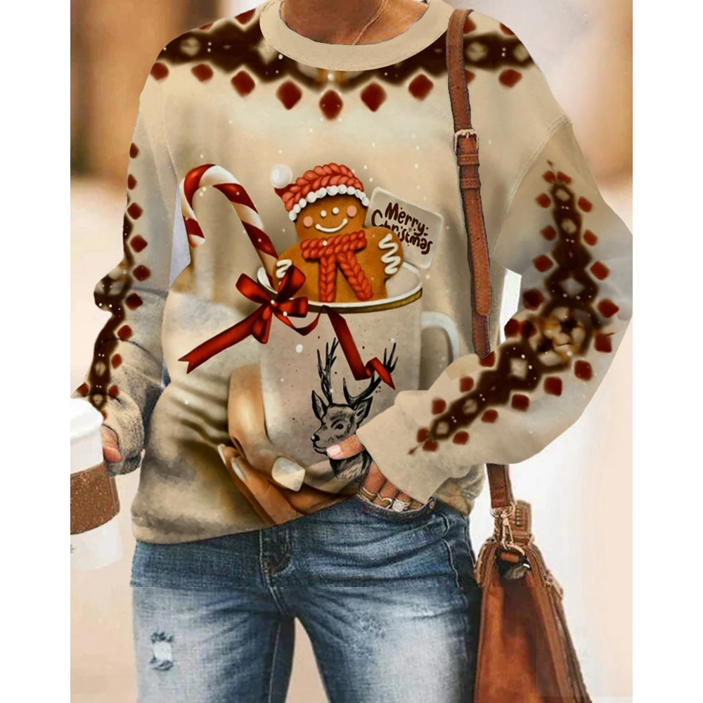 Christmas Women Santa Claus Cup Print O-Neck Sweatshirt Casual Long Sleeve Pullover Basic T-Shirt Spring Korean Style Clothes