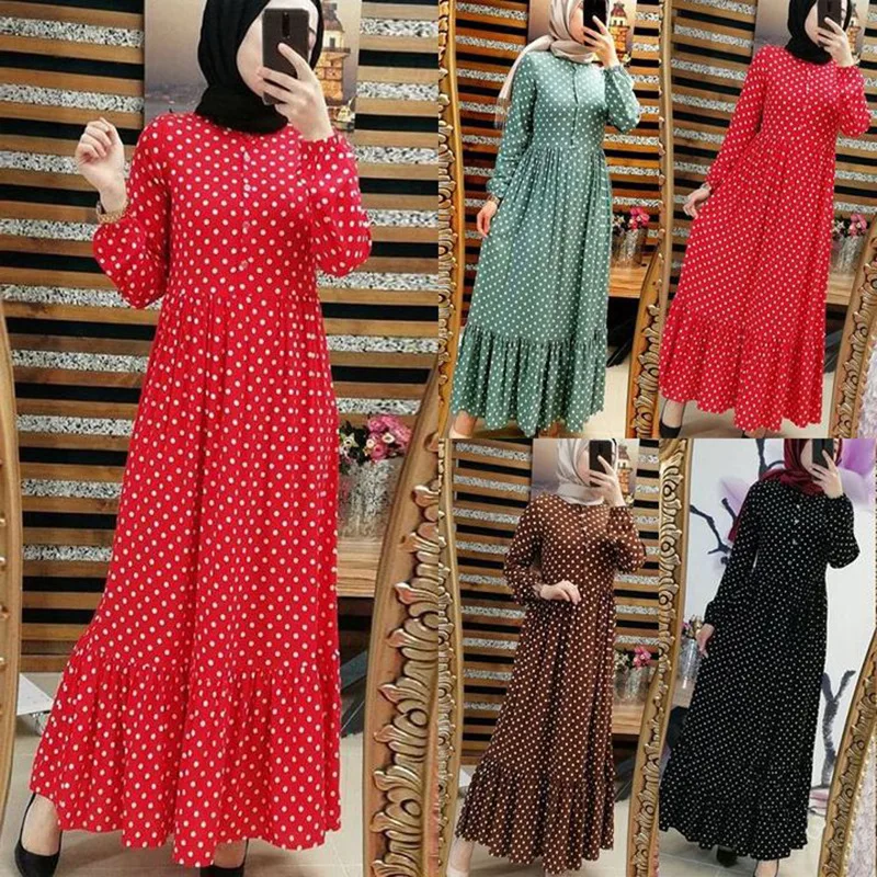 Abaya Dubai Polka Dot Dress Muslim Women Loose Waist Retro Commute Ruffle Edge Big Swing Dresses Marocain Turkish Robe