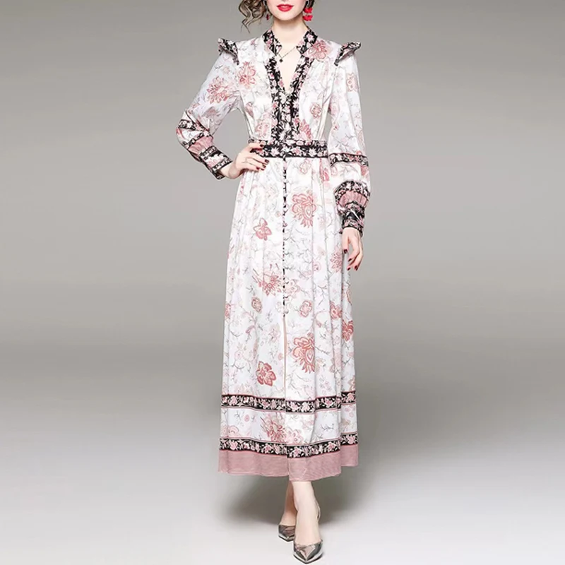 

Spring Autumn Women's Designer Print Runway Dresses Elegant Vintage V-Neck Long Sleeve Court Lady Maxi Party Dress