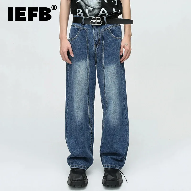 

IEFB Men Jeans Fashion Vintage Korean Style Line Spliced Niche Design Straight Wide Leg Denim Pants Trend Male Streetwear 9C3418