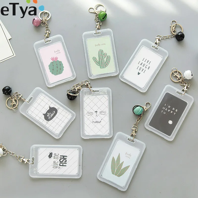Women Credit Card Holder Bag Cartoon Cute Cactus Student Card Cover Bag Bank Bus ID Bank Fruit Plant Cover Case Keychain