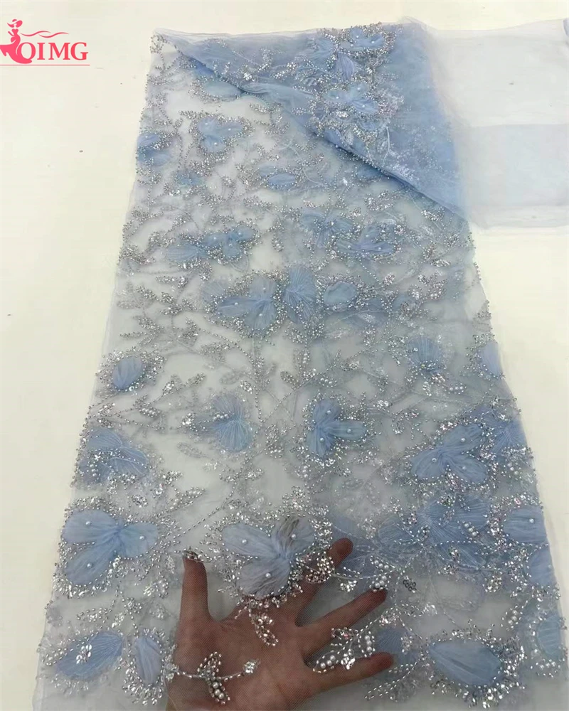 

OIMG Nigerian Handmade Beaded Lace Fabric High Quality Sequins Beaded Embroidery African French Lace Fabric Dress