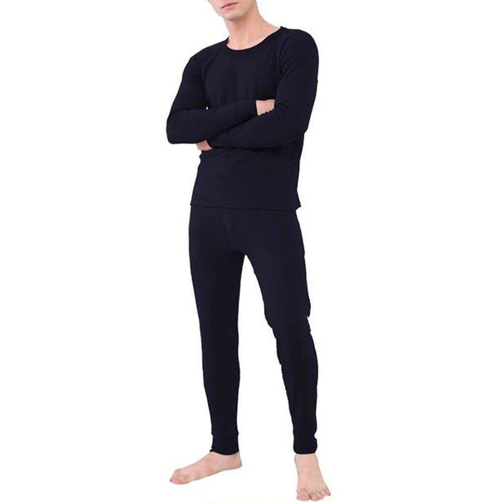 Men Winter Thermal Long Johns Fleece Lined Top Bottom Underwear Thick Warm Pajamas 2Pcs/Set Solid Soft Elasticity Sleepwear