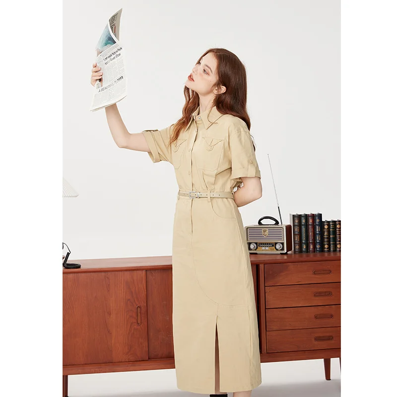 100% 코튼 Kurenmavi Workwear 달콤한 멋진 짧은 소매 드레스 여성 여름 2024 새로운 슬리밍 사이드 슬릿 스커트
