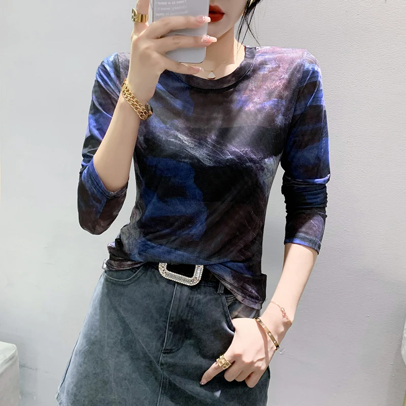 

2023 New Spring Summer European Style Mesh Thin T-Shirt Women Chic Sexy O-Neck Print Tie-dye Tops Long Sleeve Casual Tees 37020