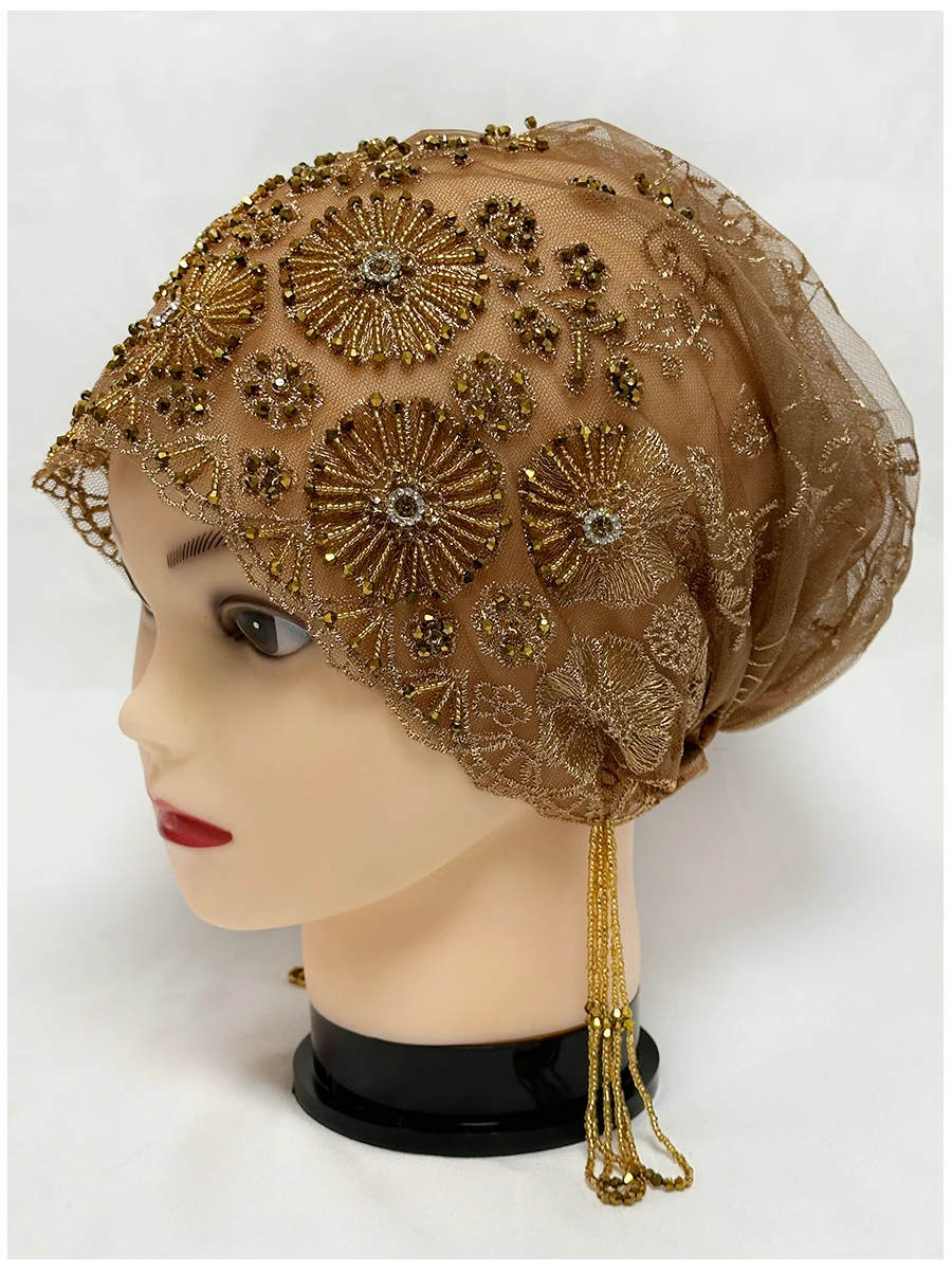 Muslim Headwear Hijab Headscarf Hijab Hats Female Head Wraps Muslim Sets Mesh Fabric Bead Tube Paired with Acrylic Diamond Thread Embroidered Hat for Dubai Arabian Women