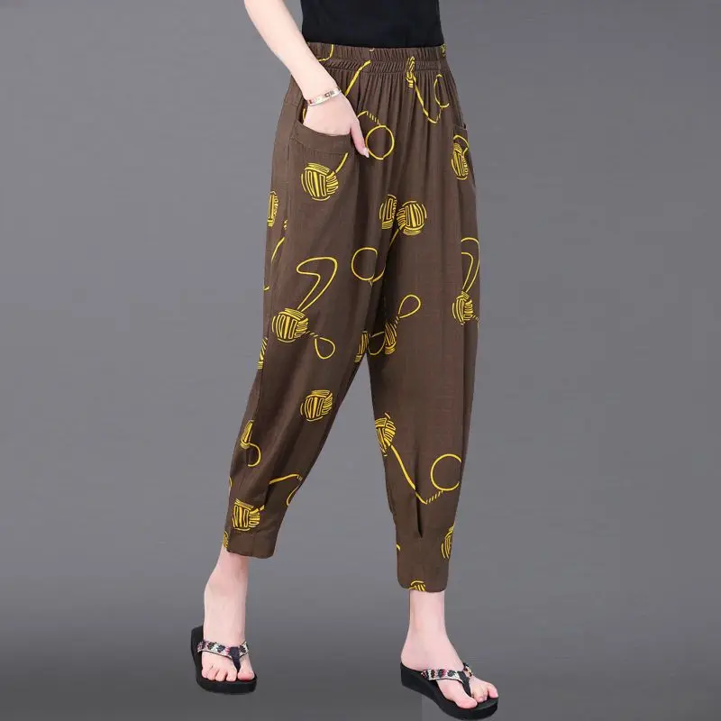 2023 New Summer Retro Art High Waist Printed Bloomers Fashion Thin Oversize Loose Casual Versatile Nine Cent Harem Pants cent sonnets