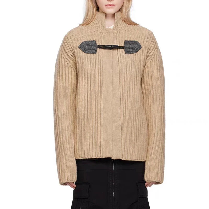 

Cow horn button knitted cardigan 2023 fall and winter new fashionable hundred with a button collar long-sleeved Women's sweater