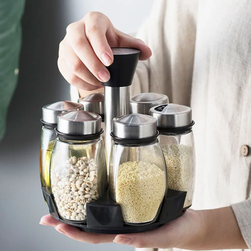 Rotate Spice Jar Glass Organizer Pepper Shakers Flavor Container Seasoning Kitchen Salt Pigs Rack Bottle Holder Flavouring Tank |