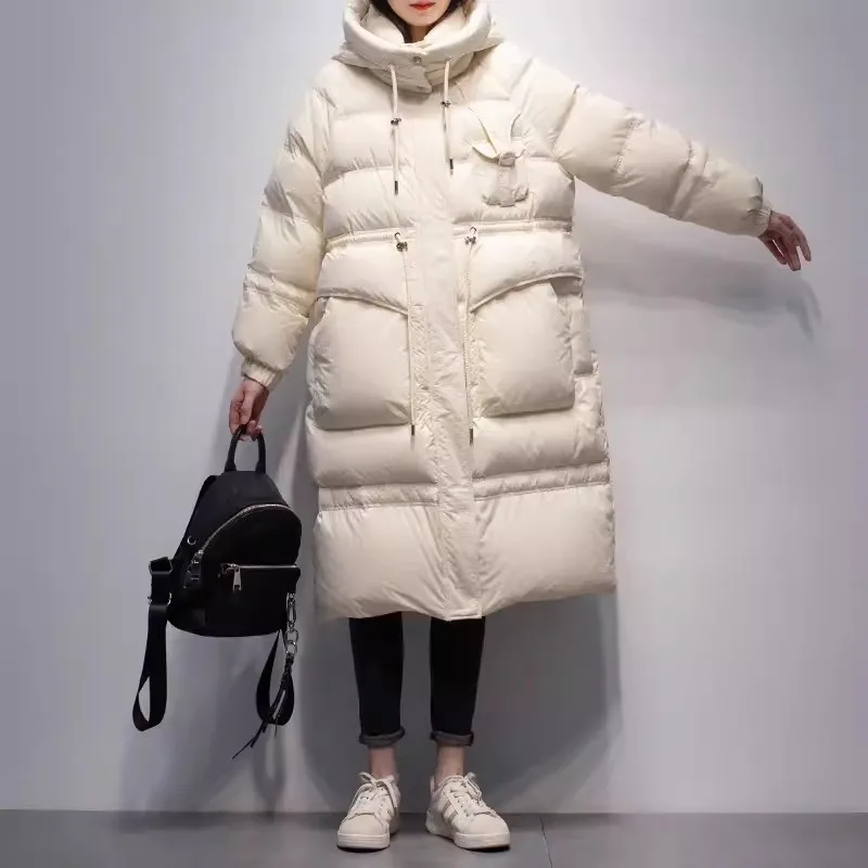 

2023 Winter New Down Jacket Women's Hooded Parka Korea Loose 90%White Duck Down Thicken Coat Warm Female Casual Long Overcoat
