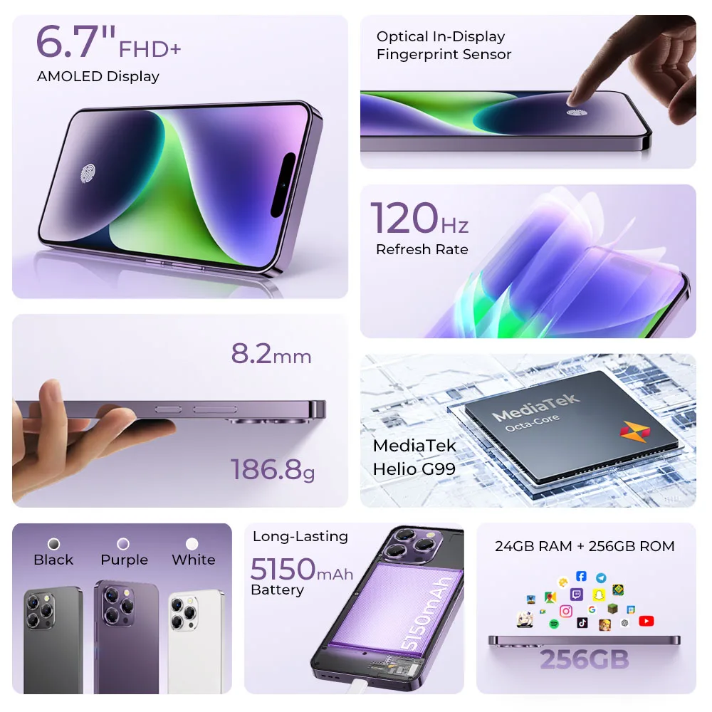 Global Version OUKITEL P1 Smartphone 6.7-inch 120Hz AMOLED Display MTK Helio G99 8GB RAM+256GB ROM 50MP Main Camera 5150mAh NFC 2