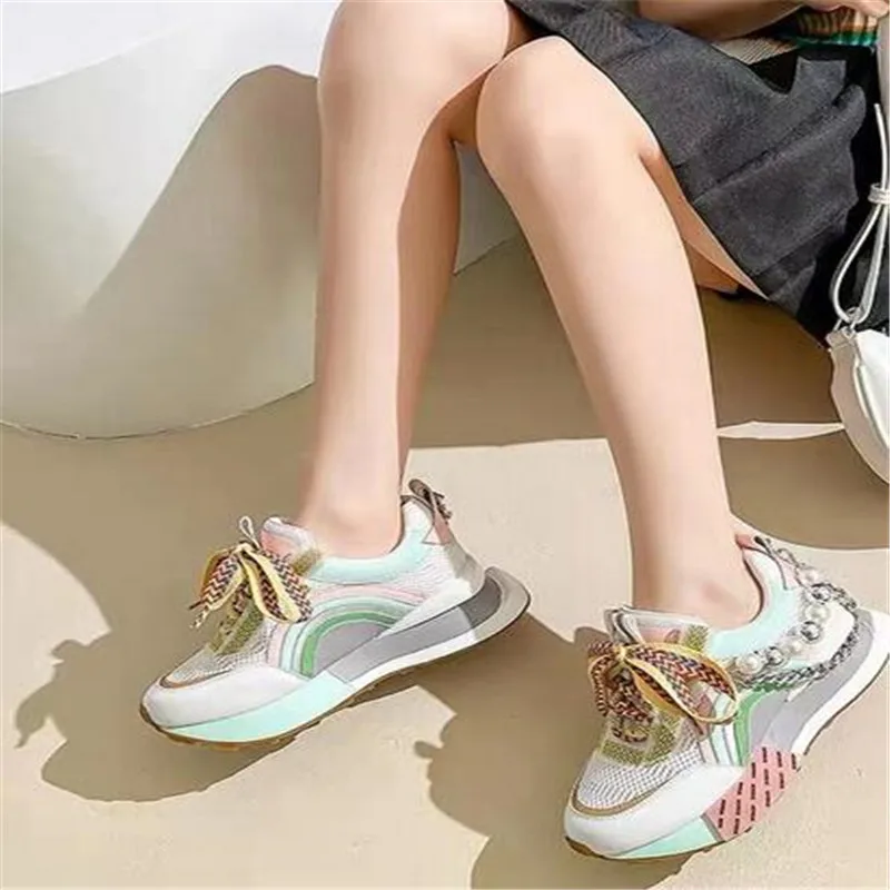 Women's Sneakers Original Design Pearl Chain Shoes Women Fashion Colorful Original Bottom Casual Sneakers For Girl