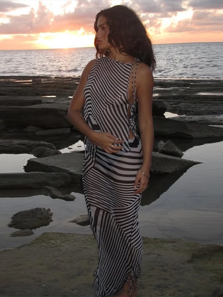 Transparent Gedruckt Halter Top Rock Anzüge Frauen Sexy Ärmellose Backless Lace Up Unregelmäßige Tops Lange Röcke Chic Dame Beachwear – Detail 23