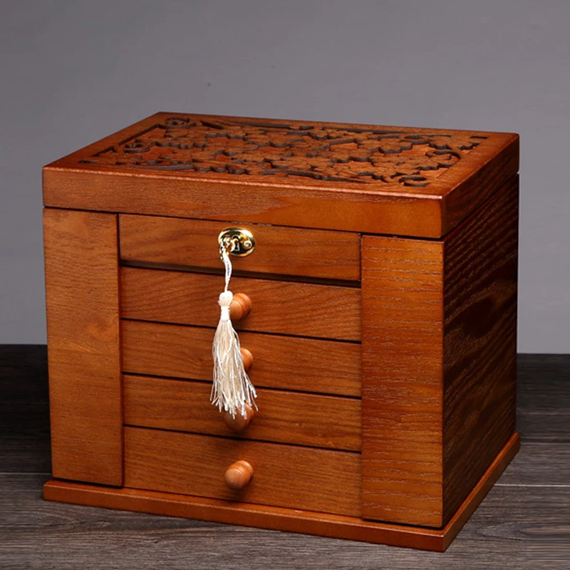 

Dressing Box Full Lock Wooden Dressing Box Vintage Chinese Style Large Capacity Multi-layer JewelryStorageBox Wooden with Mirror