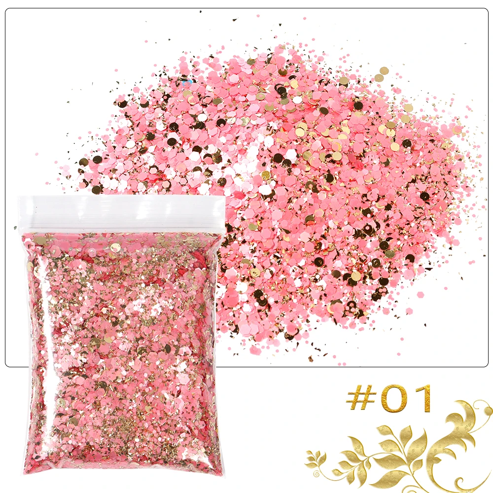 

50 г, наполнители из смолы, Смешанная Шестигранная голографическая смесь крупных блесток Золотые круглые Блестки для художественных поделок из смолы, украшения для ногтей своими руками