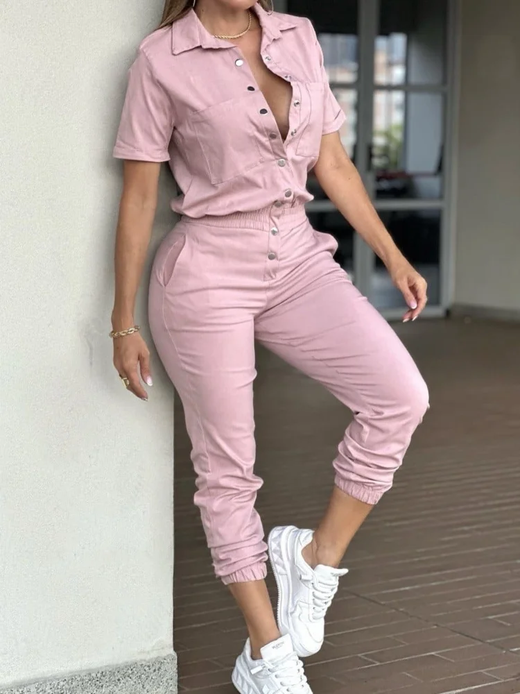 Wmstar Jumpsuit Women Wholesale Casual Fashionable Tight Fitting Short Sleeved Lapel Multi Pocket Elastic Button Fancy Club