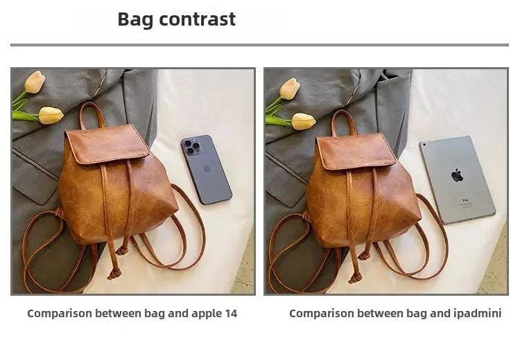 Neuer künstlerischer brauner Mini-Rucksack mit Kordelzug, vielseitige Retro-Einzelschultertasche für Damen – Detail 7