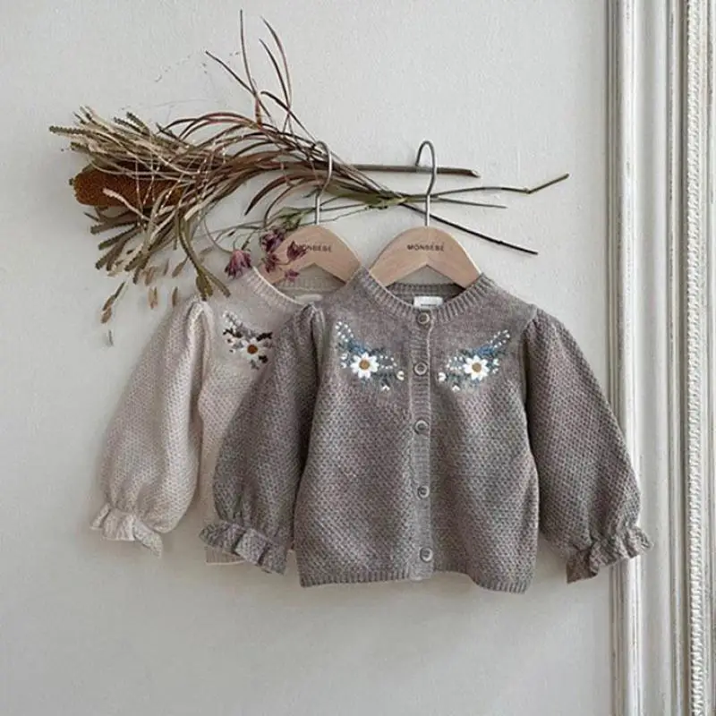 Girl Retro Flower Lantern Sleeve Knitted Cardigan Toddler Girls Autumn Loose Casual Coat Kids Soft Single Breasted Sweater baby girls sweater
