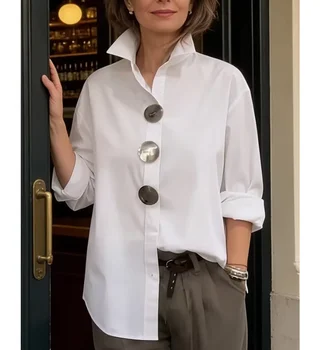 Women's Casual Solid Shirt Tops Summer Autumn New Loose Lapel Blouse Long Sleeves Blouses Elegant Office Trendy Ladies Blouses