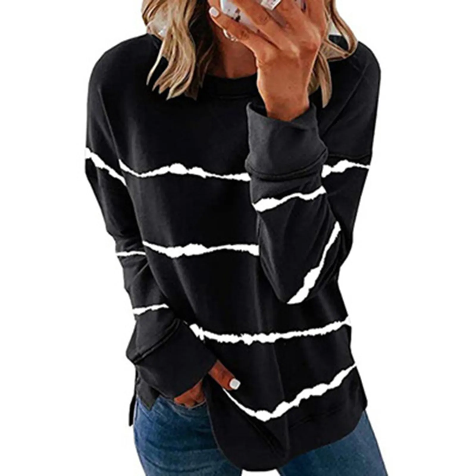 

Autumn crewneck sweatshirt women Harajuku Pullovers Top Fashion Stripe Womens Long Sleeve Tops Streetwear Women's clothing