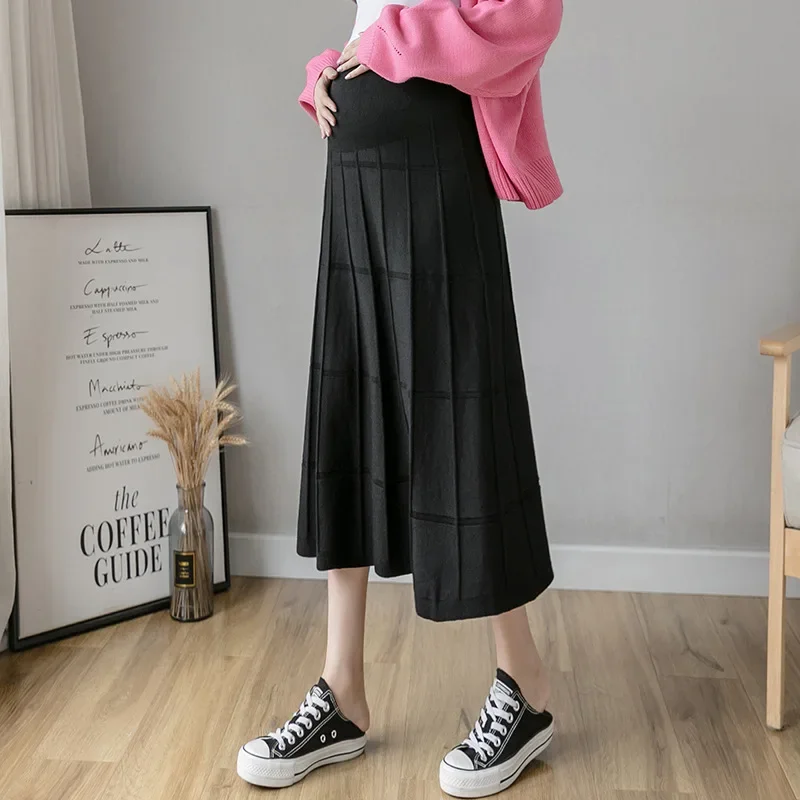 Maternity Skirt Autumn Winter Plaid A- Line Maxi Skirt Belly Support High Waist Base Layer Long Outerwear Spring Summer