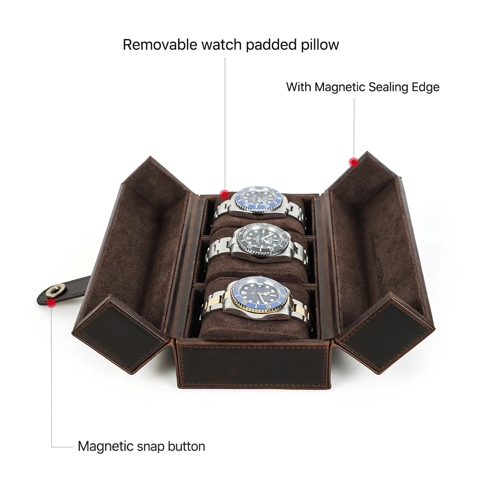 Vintage Luxury Genuine Leather 3 Slots Watch Roll Case Travel Portable Organizer Storage Box with Metal Buckle Handmade Gifts